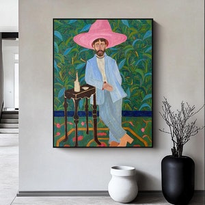 Man in pink hat，Vintage Men Figure Drawing， Colorful Portraits Wall Art， Abstract Cartoon Characters Acrylic painting Painting on Canvas