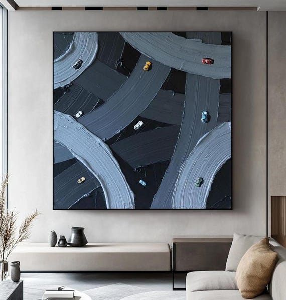 黒と青の抽象油絵、テクスチャのある現代アート - Etsy 日本