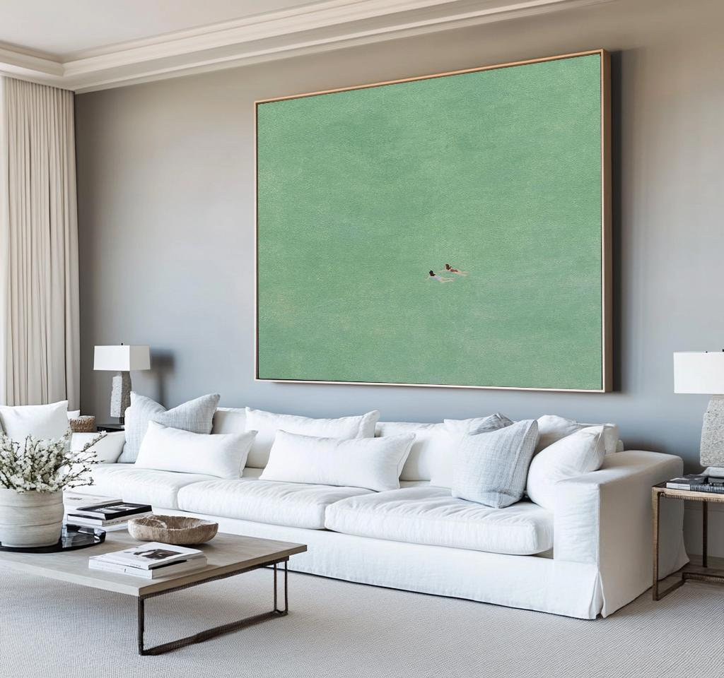 Large swimming art,two girls swimming painting,green abstract art,swimming wall art,modern art,green acrylic art,handmade art,minimalist art