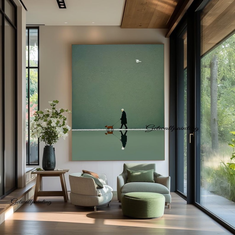 Large-scale sage green art, old man and dog oil painting, minimalist art, reflection painting, winter wall decoration image 5