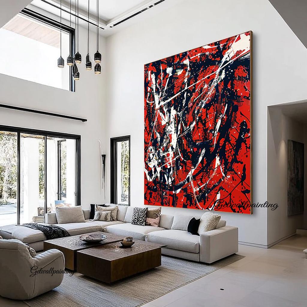 自作 オリジナル 絵画 大型のポロック風のオリジナル絵画、赤い抽象アートワーク、現代の