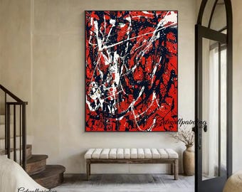 手描き絵画 大型のポロック風のオリジナル絵画、赤い抽象アートワーク、現代の