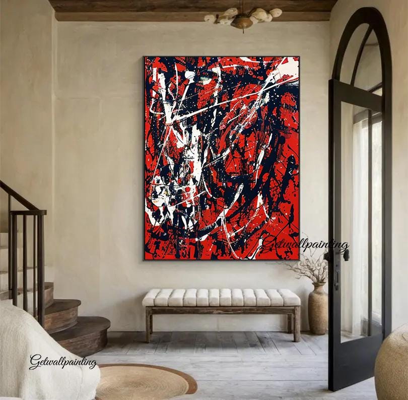 大型のポロック風のオリジナル絵画、赤い抽象アートワーク、現代の