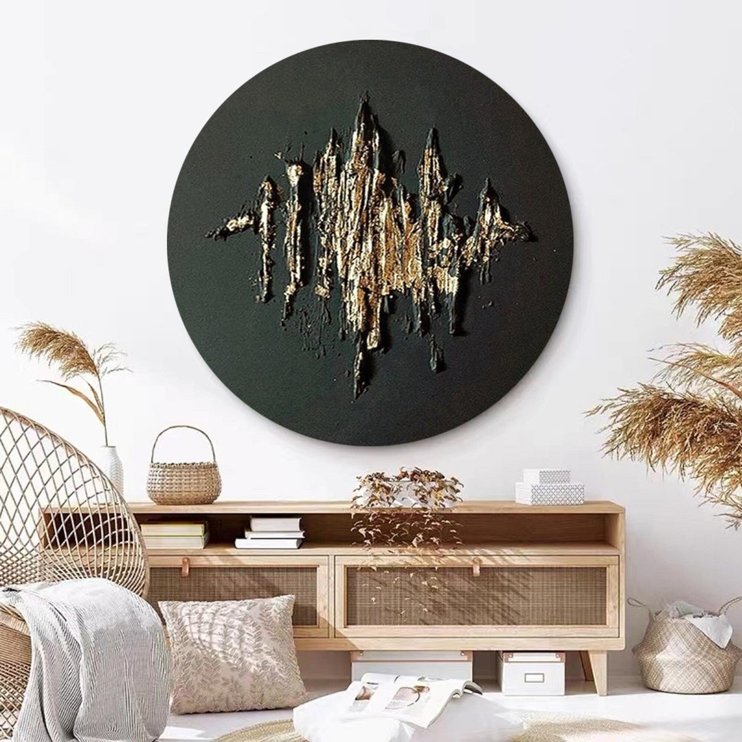 Circle Black Abstract Art Black and Gold Textured Art Black Etsy