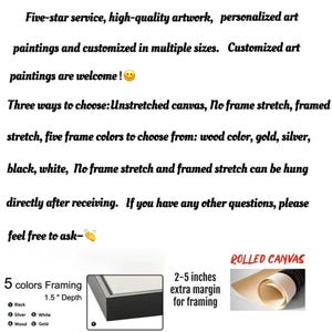 May include: Image with text about hand-painted artwork, global delivery, and customization options. Includes framing options in five colors and a rolled canvas visual. Text also mentions free shipping worldwide.