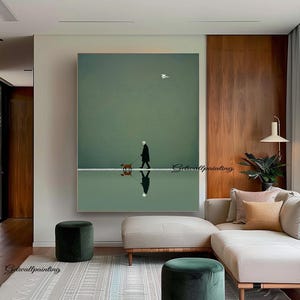 Large-scale sage green art, old man and dog oil painting, minimalist art, reflection painting, winter wall decoration image 7