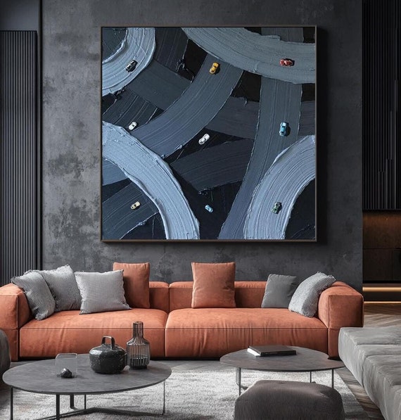 黒と青の抽象油絵、テクスチャのある現代アート - Etsy 日本