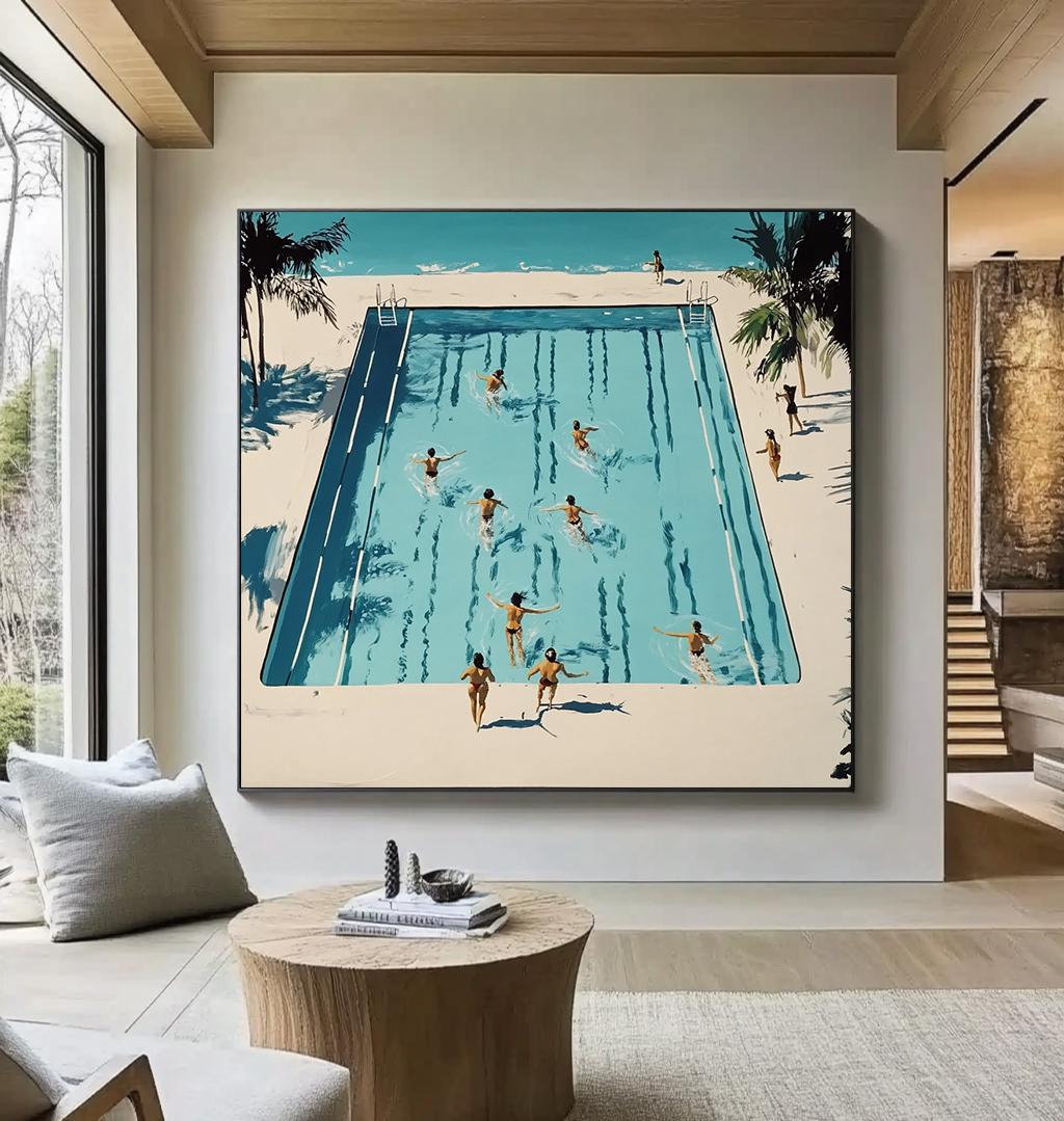 Pool abstrakte Kunst, Strandblick, abstrakte Kunst, original handgefertigte Kunst, Schwimmbad Wanddekor, blau beige Kunst