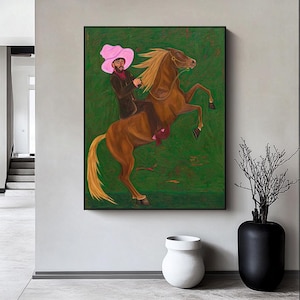 Mann mit rosa Hut, Vintage Männer Akt Zeichnung, Western Cowboy Figur Malerei, Mann zu Pferd, olivgrüne Wandkunst, bunte Porträts Wandkunst