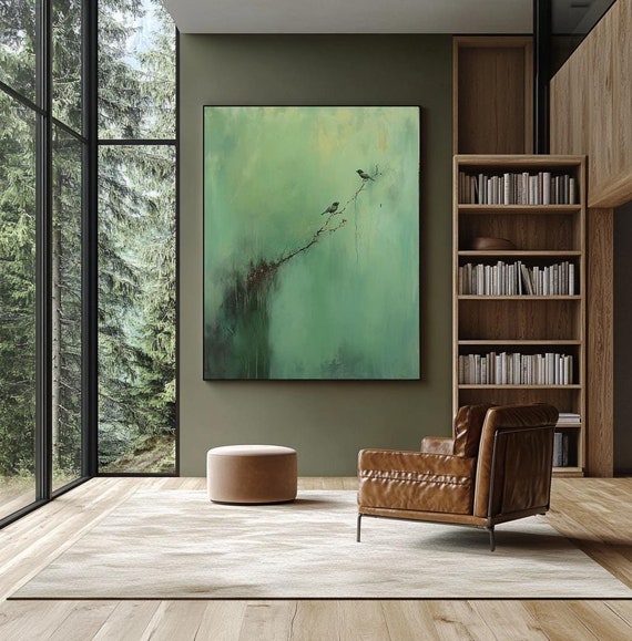 Green Abstract Sparrow Oil Painting, Modern Wabi-Sabi Wall Art