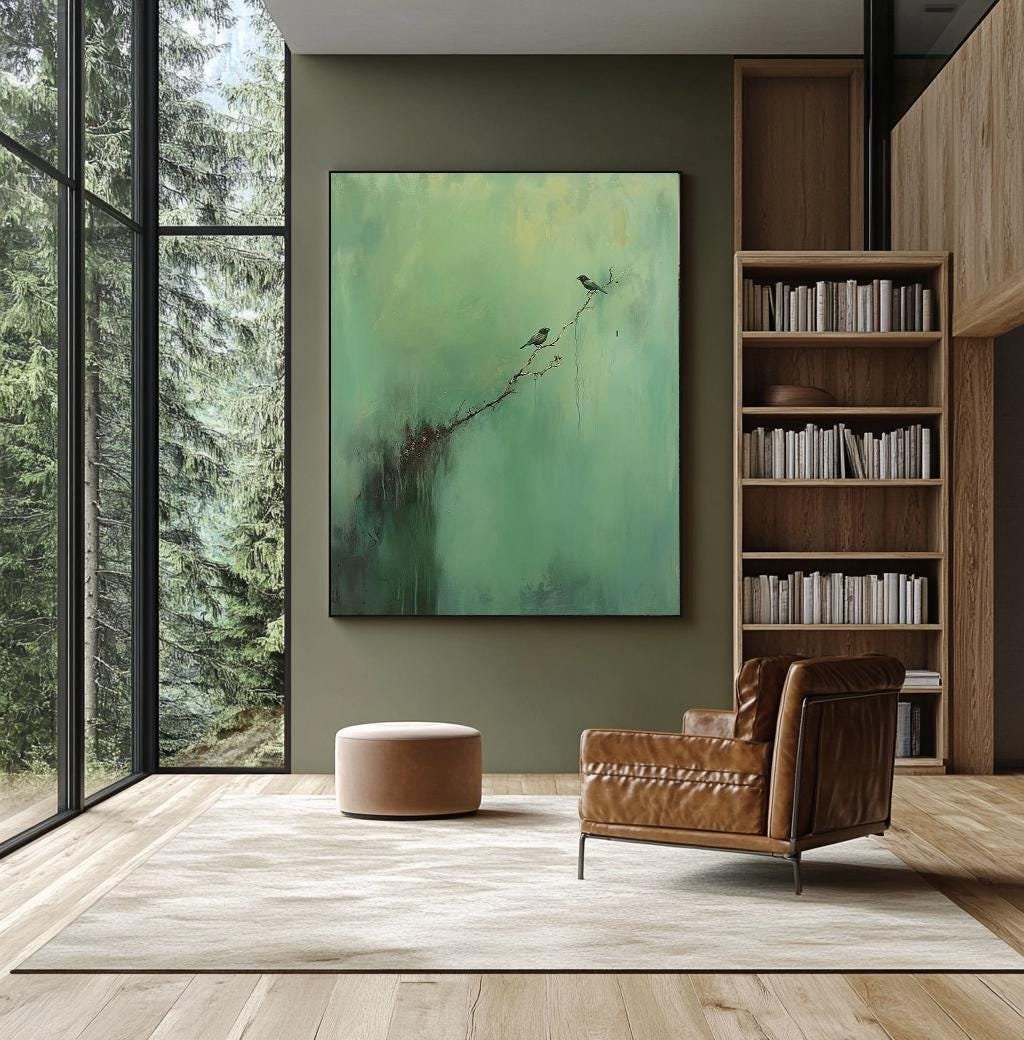green abstract painting, green painting room decor, green wabi-sabi,landscape abstract art,sparrow painting,sparrow wall art,animal painting