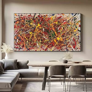Groot rood horizontaal schilderij Groot kleurrijk abstract schilderij rood Jackson Pollock-stijl schilderijen op canvas Jackson Pollock kamer muurdecoratie