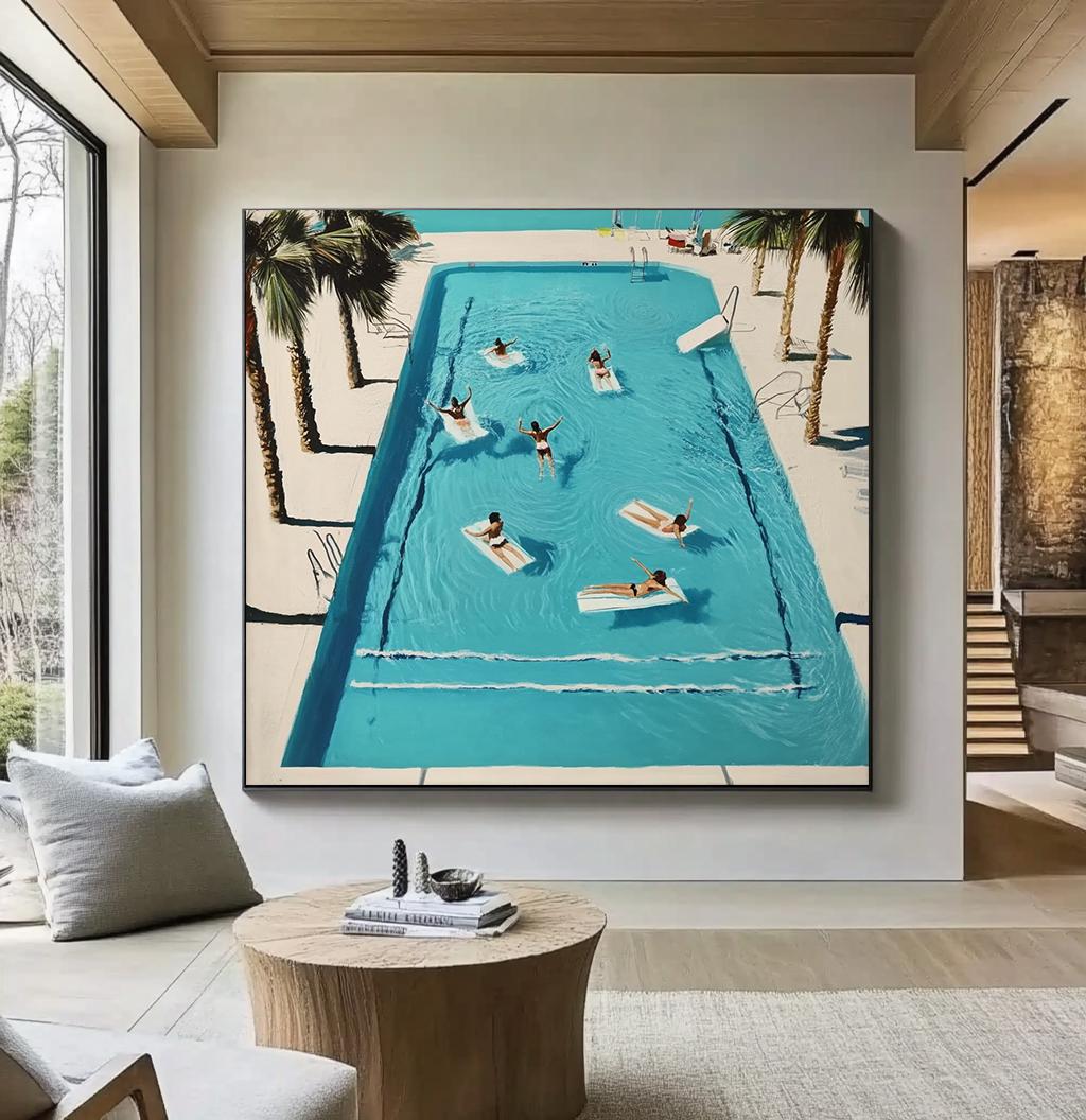 large pool abstract art, multi-person pool art, swimming art, swimming wall art, swimming oil painting, water board sports art,blue pool art