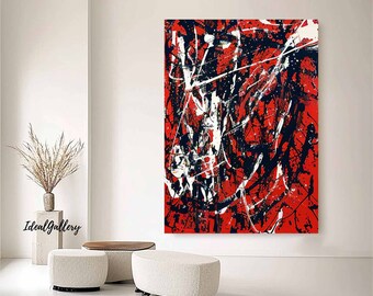 ジャクソン・ポロック風の抽象画、大型の赤いキャンバスアート - Etsy 日本