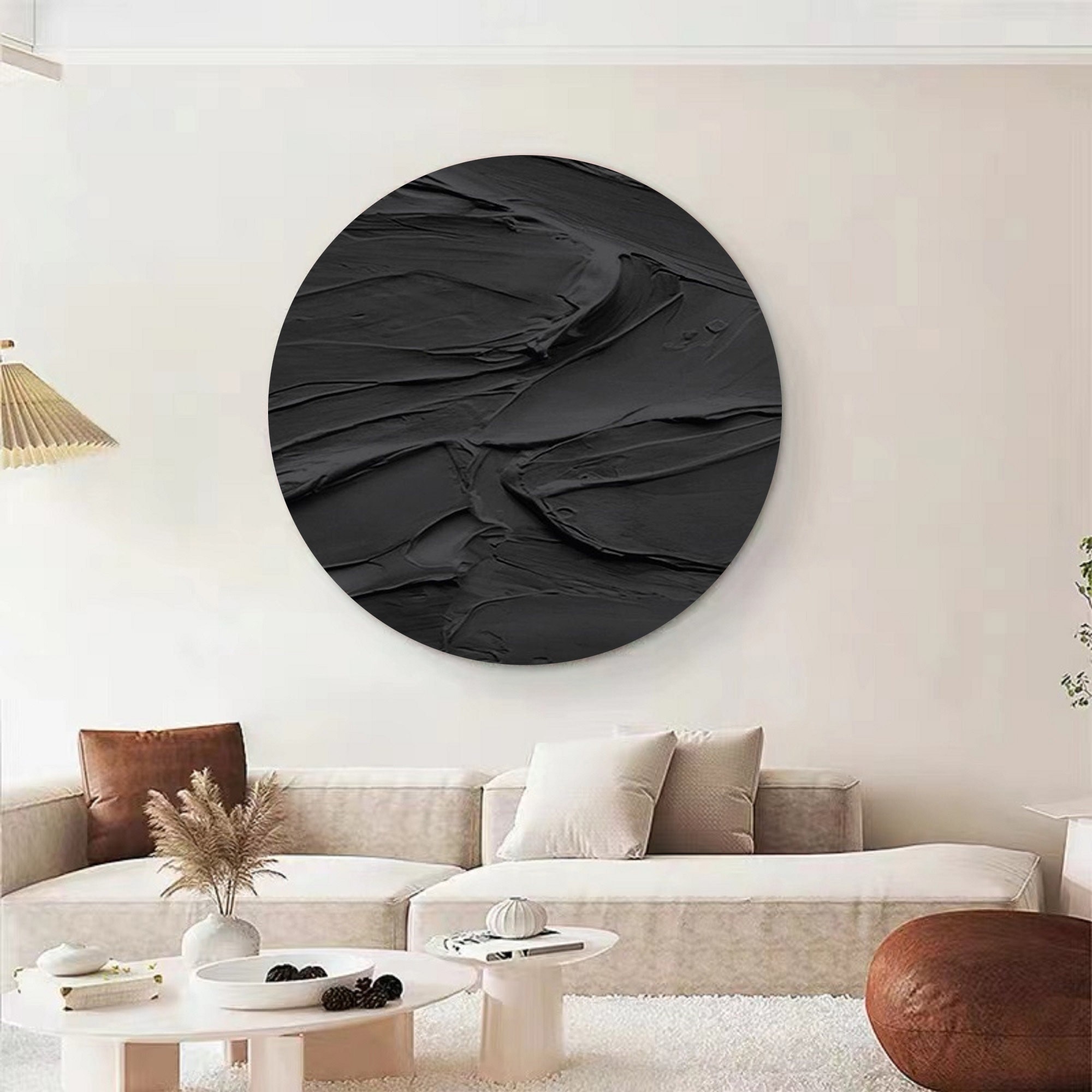 テクスチャ加工された黒い円形の壁アート、3D抽象画 - Etsy 日本
