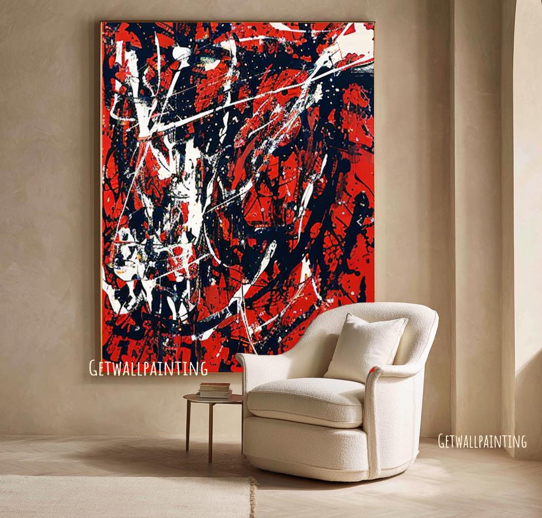 大型のポロック風のオリジナル絵画、赤い抽象アートワーク、現代の