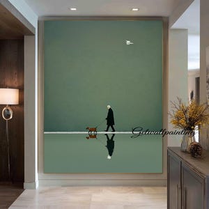 Large-scale sage green art, old man and dog oil painting, minimalist art, reflection painting, winter wall decoration image 2