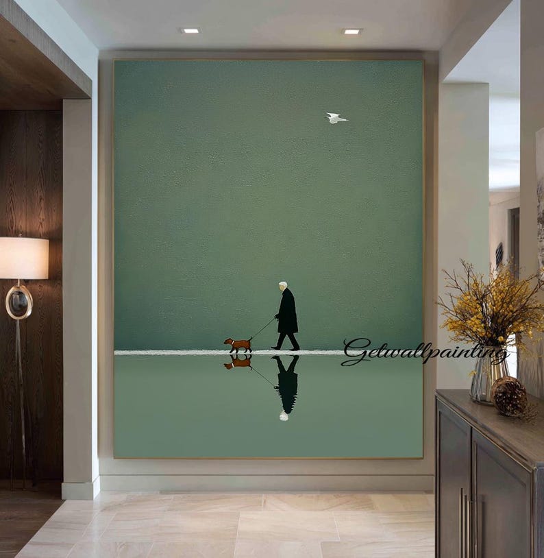 Large-scale sage green art, old man and dog oil painting, minimalist art, reflection painting, winter wall decoration image 2