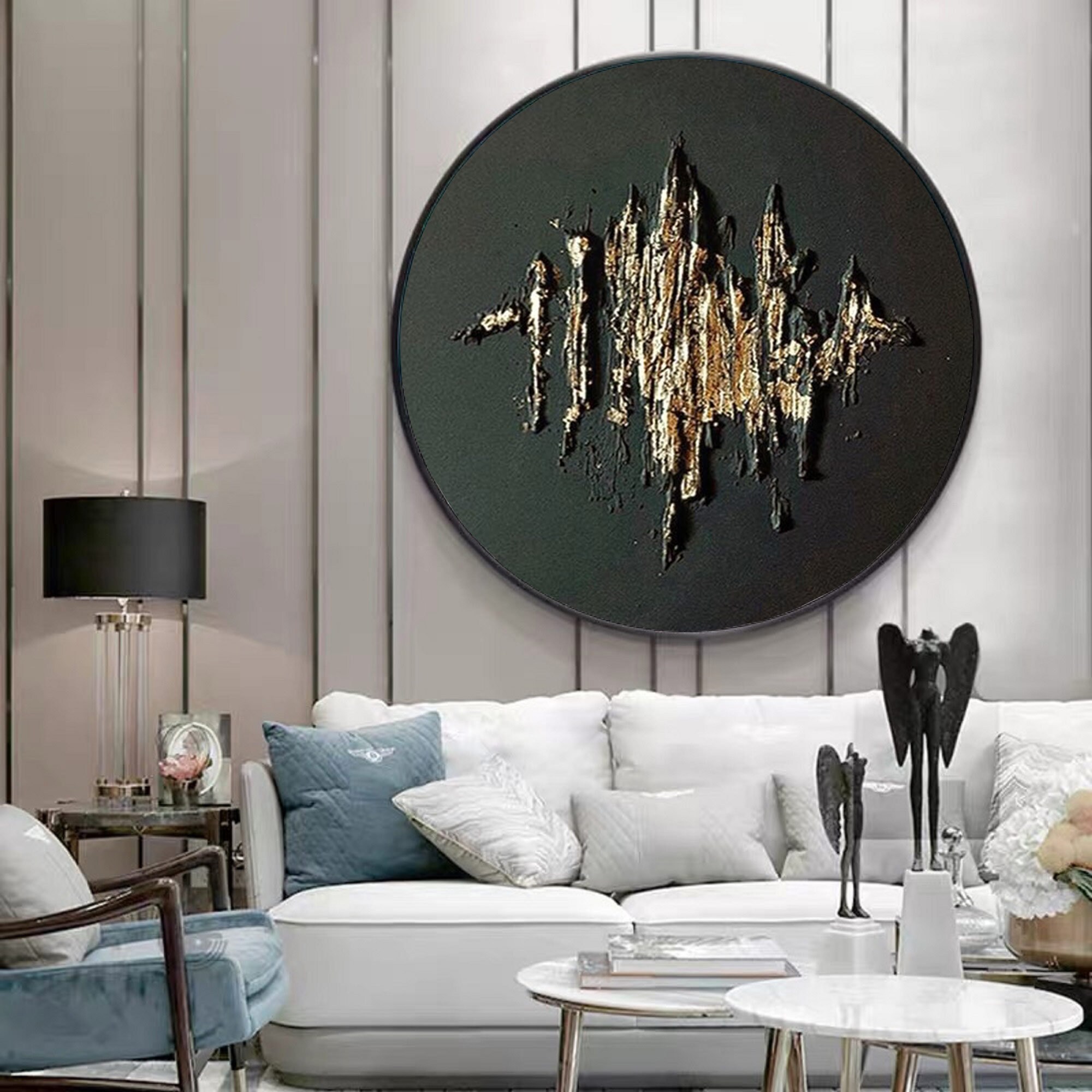 Circle Black Abstract Art Black and Gold Textured Art Black Etsy