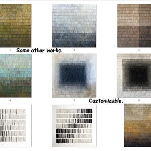 May include: A selection of abstract artworks with textured, layered designs. The art pieces showcase a range of colour palettes, including gradients of green, blue, grey, and brown. The text "Some other works" and "Customizable" are also visible.