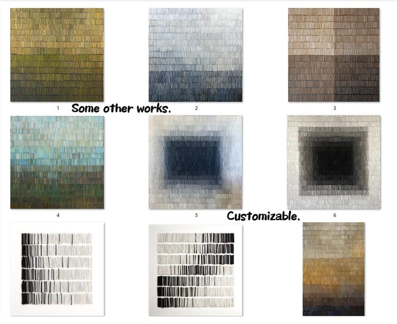 May include: A selection of abstract artworks with textured, layered designs. The art pieces showcase a range of colour palettes, including gradients of green, blue, grey, and brown. The text "Some other works" and "Customizable" are also visible.