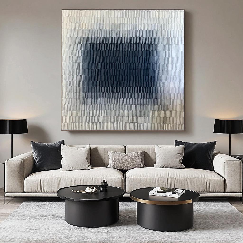 Grande arte abstrata azul, arte minimalista azul gradiente, arte de parede com textura 3D azul, decoração de parede azul gradiente, pintura azul e branca, pintura de linha