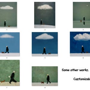 May include: A series of eight square art prints. Each depicts a person in a black coat walking a small brown dog. A white cloud floats in the sky above. The background colors vary from green to blue.