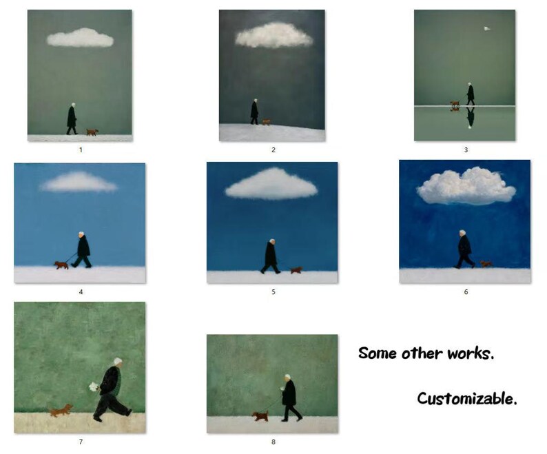 May include: A series of eight square art prints. Each depicts a person in a black coat walking a small brown dog. A white cloud floats in the sky above. The background colors vary from green to blue.
