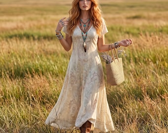 Abito lungo personalizzato / Boho stampato / Abito estivo vintage con scollo a V / Abito etnico tribale per le vacanze / Abito lungo casual a trapezio