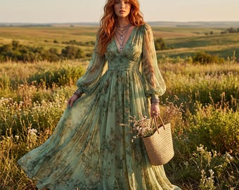 May include: A floor-length sage green dress with long sheer sleeves and a V-neckline, featuring a dark floral pattern throughout. The dress has a fitted bodice and a flowing, pleated skirt. A woven straw tote bag is held in one hand.
