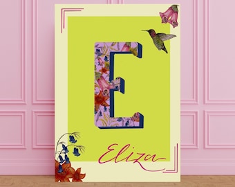 Personalised Name Initial Floral Art Print Poster, Nursery Wall Art, Kids room Wall Art, Personalised Kids Art Print Poster, Nursery Art
