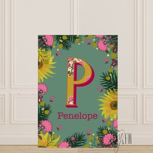 Personalised Initial Floral Name Art Print, Personalised Nursery Wall Art, Personalised Kids Name Wall Art, Nursery Art Print, Kids Print