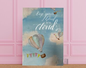 Childrens Cloud Hot Air Balloon Art Print, Childrens Illustration, Childrens Gift, Childrens Wall Art, Childrens Room Decor, Nursery Decor