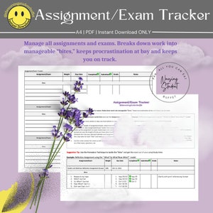 May include: A printable assignment and exam tracker featuring a lavender floral design. The tracker includes columns for assignment name, weight, due date, completed, submitted, grade, and notes. The text "All You Can Eat Nursing Student Buffet" is in a circle at the top right corner of the page.