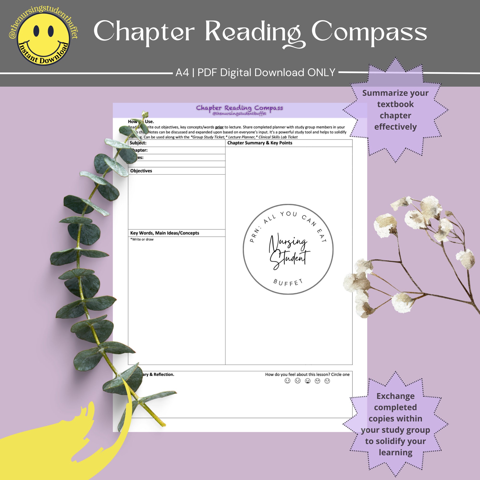 Nursing Lecture Planner Notes, Chapter Reading Compass, Nursing Note