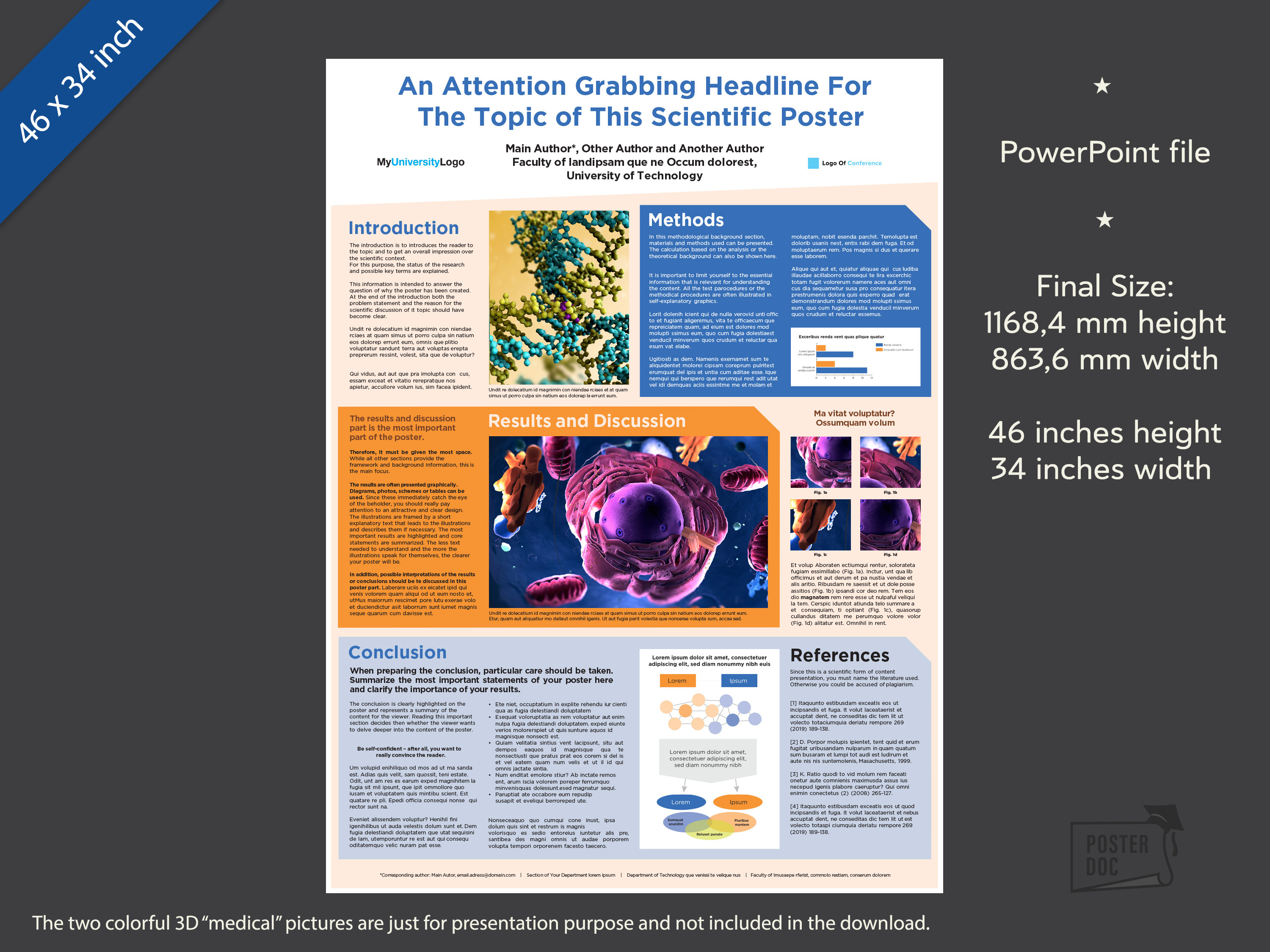 Scientific Powerpoint Poster Template - 46 X 34 Inch - Orange/blue