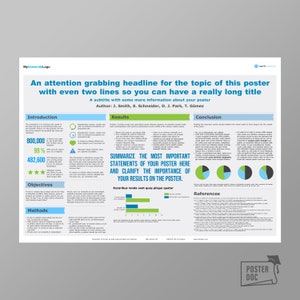 Könnte beinhalten: Eine Poster-Vorlage mit einem grünen, blauen und weißen Farbschema. Das Poster trägt den Titel "Eine aufmerksamkeitsstarke Überschrift für das Thema dieses Posters mit sogar zwei Zeilen, damit Sie einen wirklich langen Titel haben können." Das Poster enthält Abschnitte für Einleitung, Ziele, Methoden, Ergebnisse, Schlussfolgerung und Referenzen. Das Poster enthält auch ein Balkendiagramm und Kreisdiagramme.