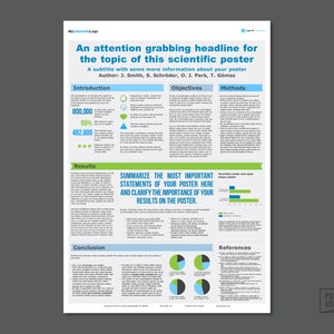 Könnte beinhalten: Ein wissenschaftliches Poster mit einem blauen, grünen und weißen Farbschema. Das Poster hat einen Titel: "An attention grabbing headline for the topic of this scientific poster." Das Poster enthält auch Abschnitte für Einleitung, Ziele, Methoden, Ergebnisse, Schlussfolgerung und Referenzen. Das Poster enthält Diagramme und Grafiken.