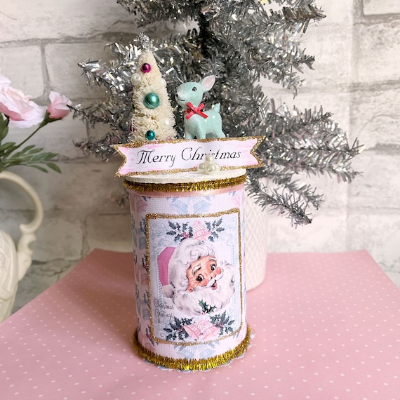 Vintage Retro Style Blue Deer Christmas Display Pink Santa Bottle Brush Tree Pink Aqua Green Upcycled Tin Can Kitschy Sweet