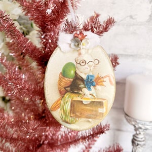 Vintage-Stil Holz Ei Reisen Kaninchen Häschen Ostern Ornament rosa Rosen Antik Gold Shabby Chic Knopf Aufhänger Geschenkanhänger Kitsch MCM