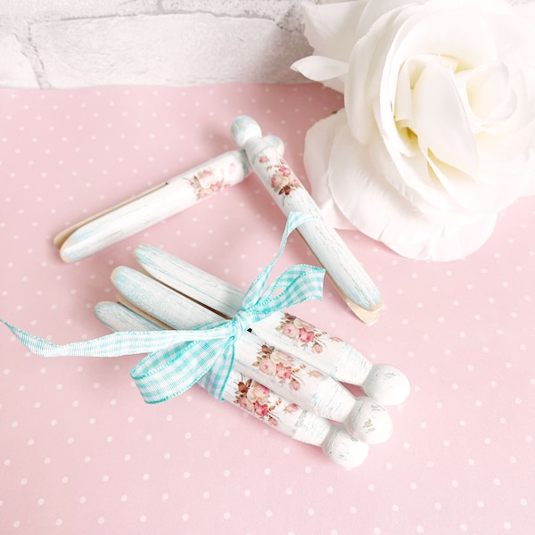 Retro Vintage Style Shabby Pink Roses Clothespins in Aqua Kitsch Kitschy Sweet Tiffany Blue Gingham Ribbon Distressed Aged Decoupaged Chic