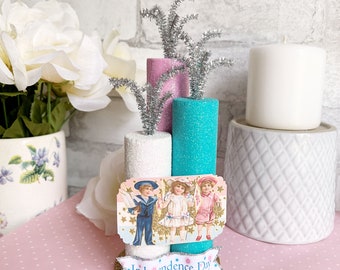 Retro Vintage Style 4. Juli Kracher Kitsch MCM Pink Weiß Aqua Blau Lametta Gold Silber In anschließender Tag Glitzer Wunderkerze