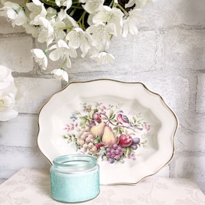 Vintage Enoch Wedgwood Tunstall ltd England 22K Gold Bird Fruit Pears Avon 1976 Plums Decorative Trinket Dish Retro Kitsch MCM Shabby Chic