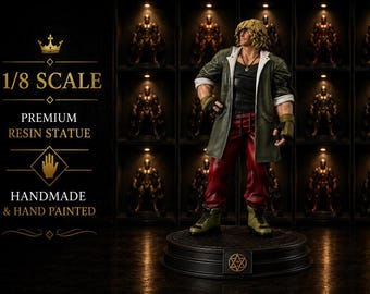 May include: A 1/8 scale premium resin statue of a blonde character wearing a dark green jacket over a black tank top, red trousers, and olive sneakers. The figure stands on a circular base with a star emblem, featuring text: 1/8 SCALE, PREMIUM RESIN STATUE, HANDMADE & HAND PAINTED.