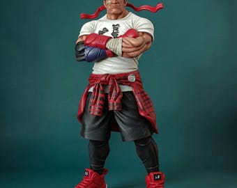 May include: A stylized figurine of a muscular character with dark hair and a red headband, wearing a white t-shirt with black Japanese text, red boxing gloves, black shorts, a red plaid shirt tied around the waist, and red sneakers.