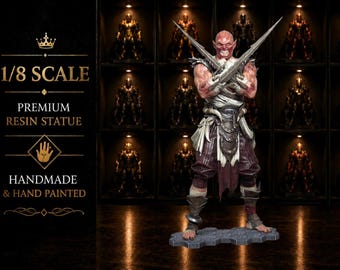 May include: A 1/8 scale premium resin statue of a red-skinned humanoid warrior with pointed ears and bared teeth. The figure holds two crossed blades, wearing layered armor, dark trousers, and leg wraps, standing on a hexagonal gray base.
