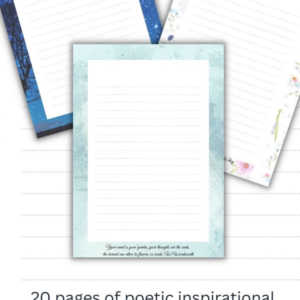 Lined Writing Paper, Pretty Printable paper, lined notepaper, stationary, Inspirational poetic quotes included, set of 20