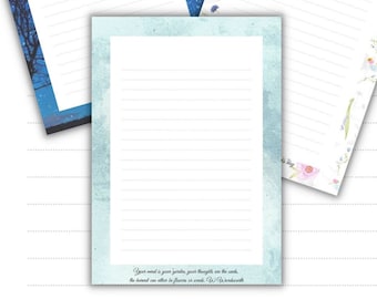 Lined Writing Paper, Pretty Printable paper, lined notepaper, stationary, Inspirational poetic quotes included, set of 20