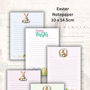 May include: Set of 16 Easter themed notepaper designs. Each sheet features a cute bunny rabbit illustration and the days of the week. The notepaper is 10 cm by 14.5 cm.