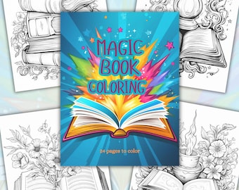 May include: A "Magic Book Coloring" book cover with an open book design, surrounded by four colouring pages featuring book illustrations with floral and fantasy elements. The cover has a blue and orange colour scheme.